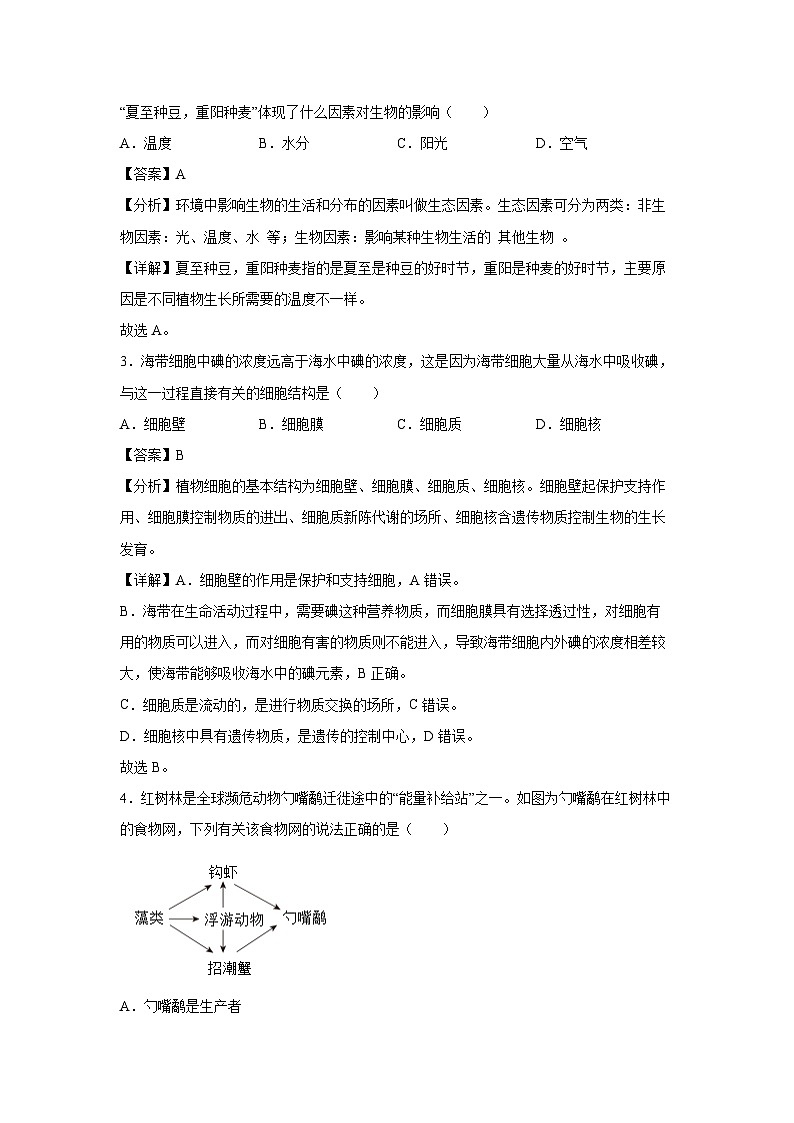 卷05-2024年中考生物考前冲刺模拟卷(吉林卷)生物试卷(解析版)第2页