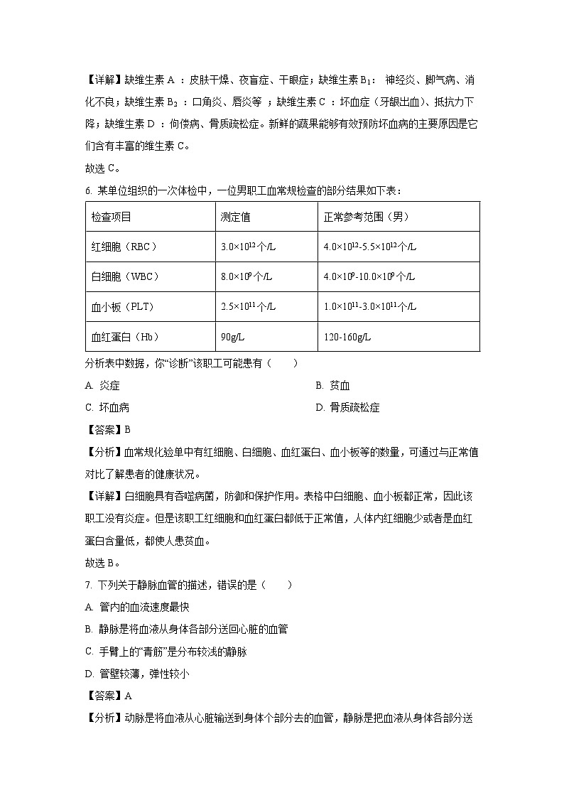 河北省保定市曲阳县2022-2023学年七年级下学期期末生物试卷(解析版)第3页