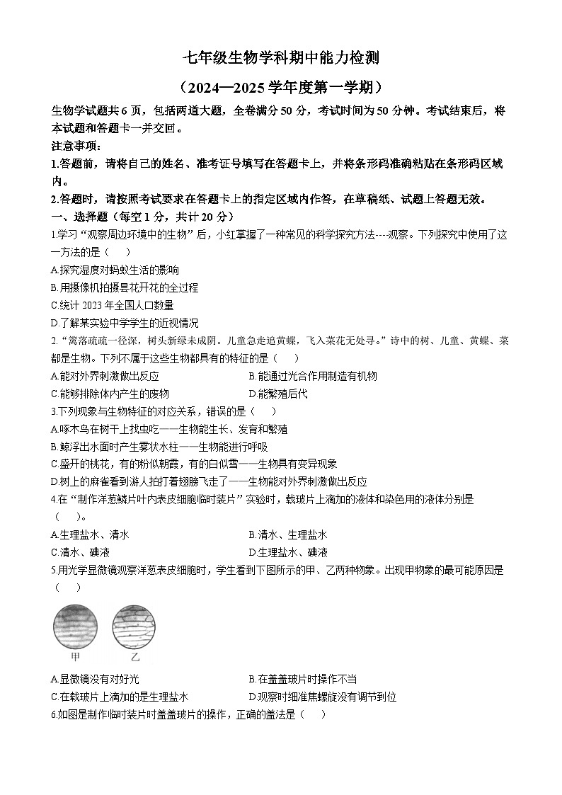 吉林省四平市铁西区2024-2025学年七年级上学期期中生物学试题第1页