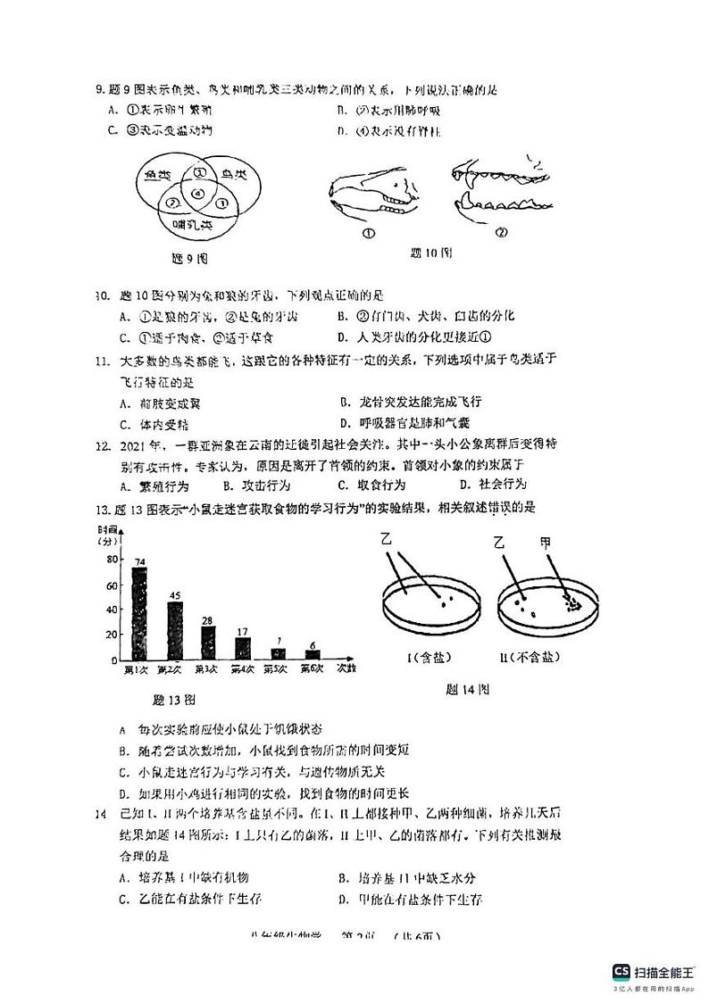 广东省江门市蓬江区华侨中学2023-2024学年 八年级上学期生物期中试卷02