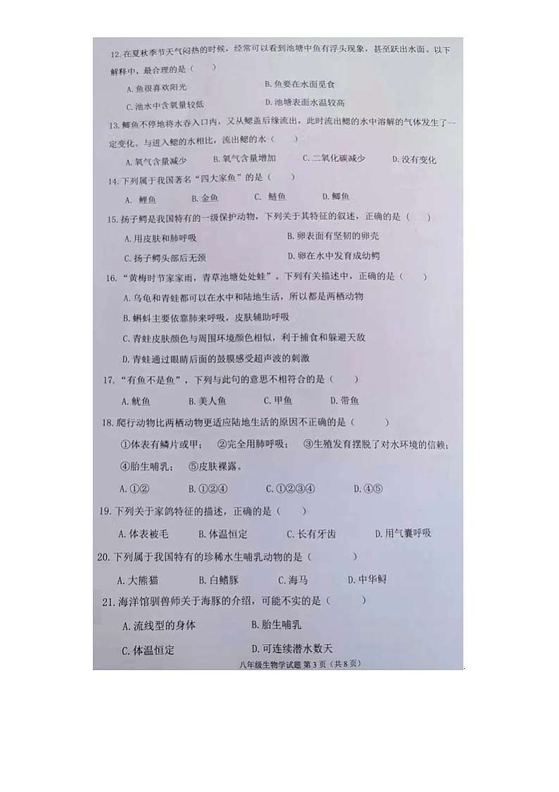 广东省佛山市顺德区梁开初级中学2024-2025学年八年级上学期期中生物试题第3页