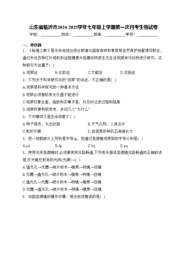 山东省临沂市2024-2025学年七年级上学期第一次月考生物试卷(含答案)第1页