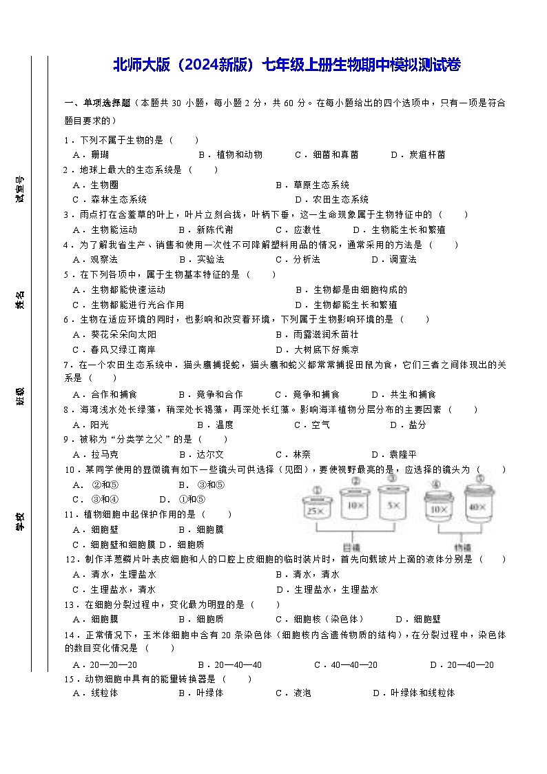 北师大版（2024新版）七年级上册生物期中模拟测试卷（含答案）第1页