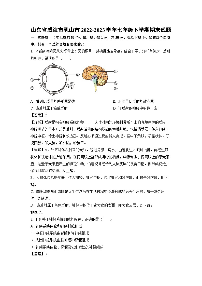 山东省威海市乳山市2022-2023学年七年级下学期期末生物试卷(解析版)第1页