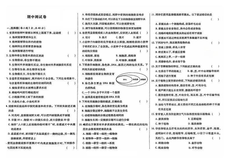 吉林省白山市2024~2025学年七年级上学期期中测试生物试卷第1页