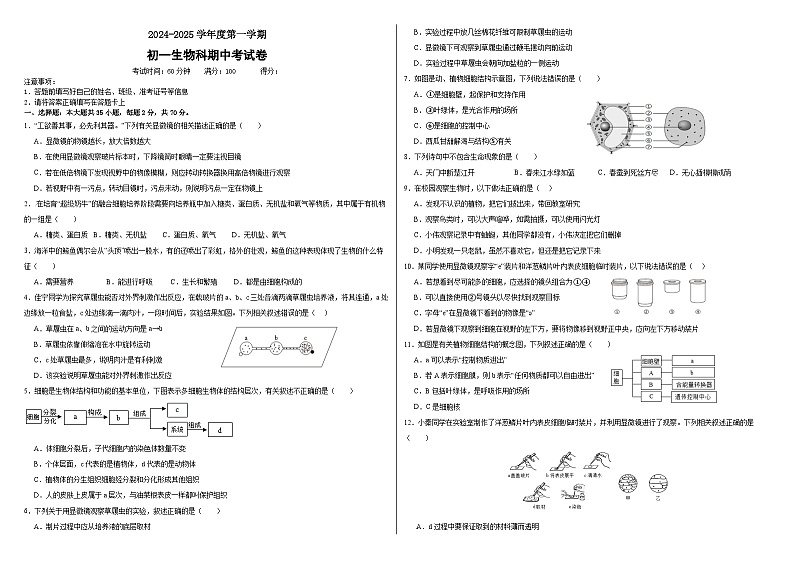 2024-2025学年七年级上学期期中考试生物试题第1页