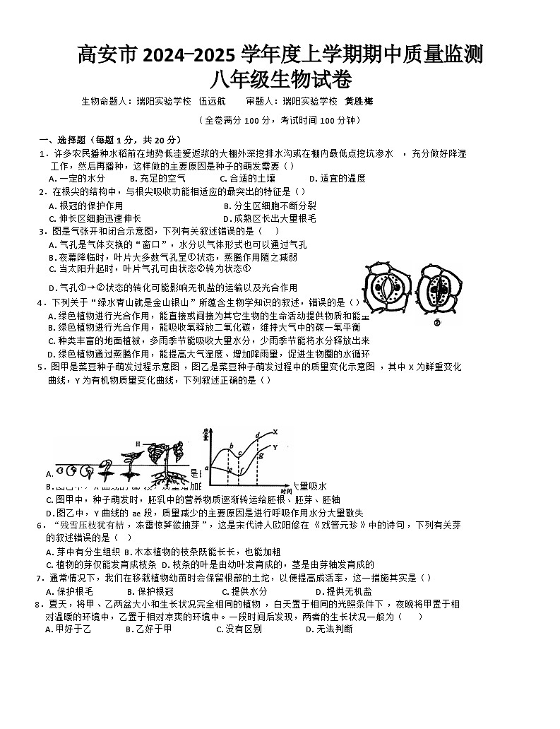 江西省宜春市高安市2024-2025学年八年级上学期11月期中生物试题01
