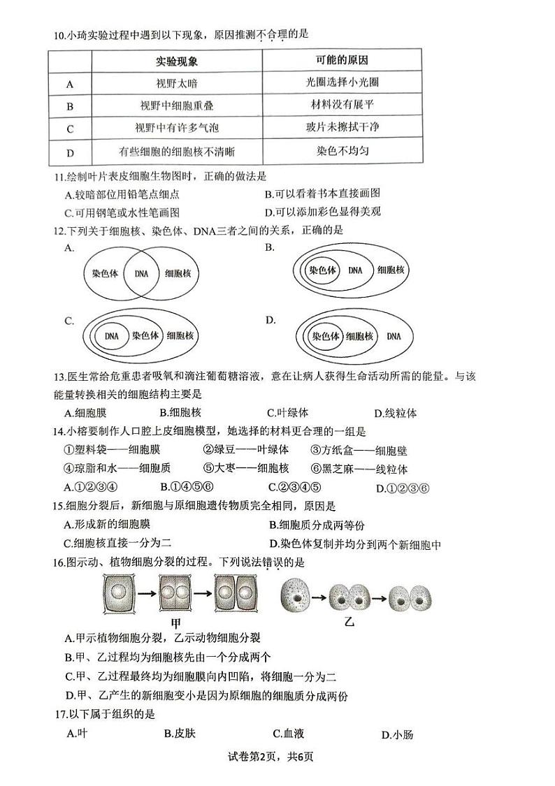 福建省厦门市同安区2024-2025学年七年级上学期11月期中生物试题02