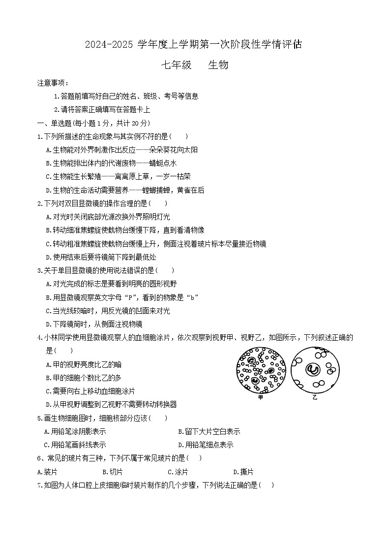 江西省九江市柴桑区2024-2025学年七年级上学期11月期中生物试题第1页