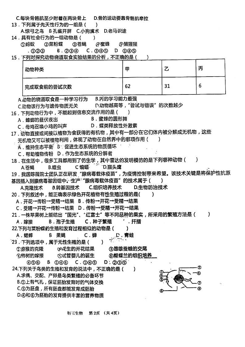 山东省淄博市博山区一中2024-2025学年八年级上学期期中考试生物试题第2页