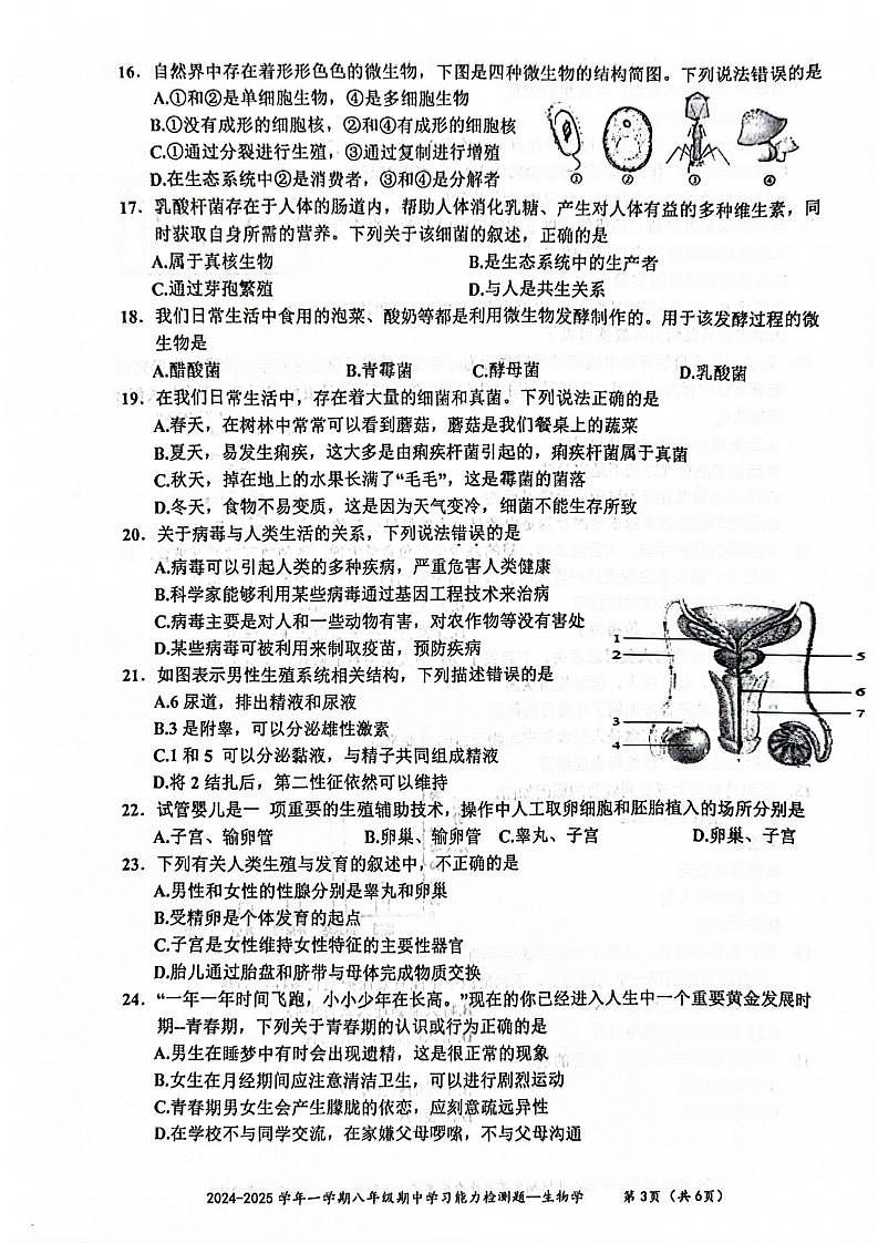 广东省梅州市五华县2024-2025学年八年级上学期期中学习能力测试生物试题(002)第3页