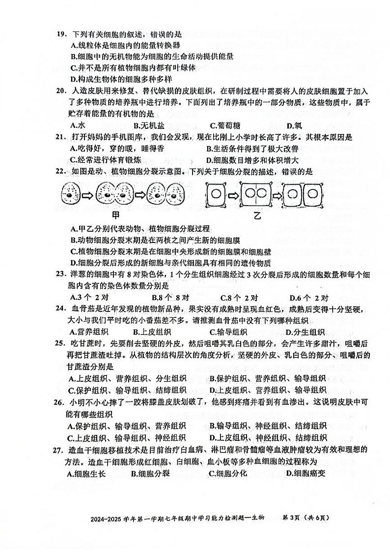 广东省梅州市五华县2024-2025学年七年级上学期期中学习能力测试生物试题第3页