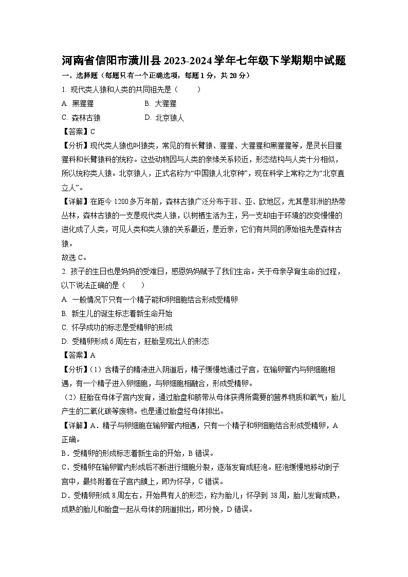 河南省信阳市潢川县2023-2024学年七年级下学期期中生物试卷(解析版)第1页