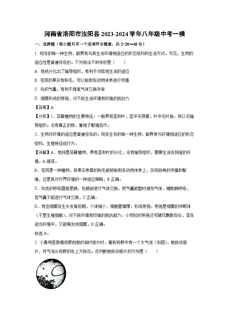河南省洛阳市汝阳县2023-2024学年八年级中考一模生物试卷(解析版)第1页