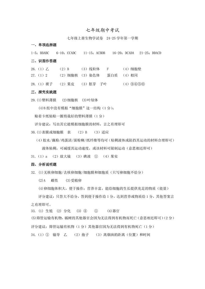 2024年七年级上册期中考试生物参考答案第1页