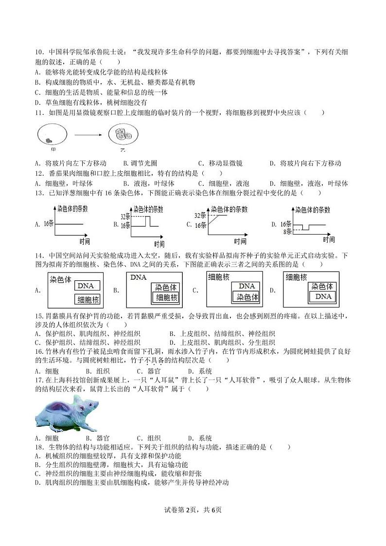 2024年七年级上册生物学期末考试试题卷第2页