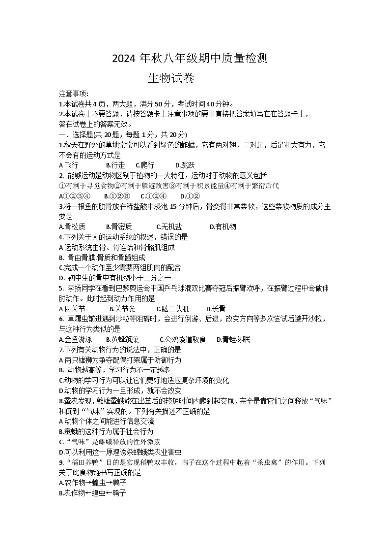 河南省商丘市柘城县2024-2025学年八年级上学期11月期中生物试题Word版附答案第1页