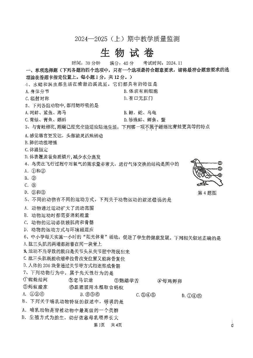 辽宁省丹东市第五中学2024-2025学年八年级上学期11月期中生物试题第1页