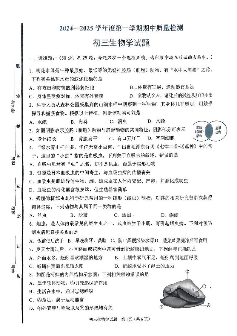 山东省淄博市临淄区2024—2025学年八年级上学期期中质量检测生物试卷01