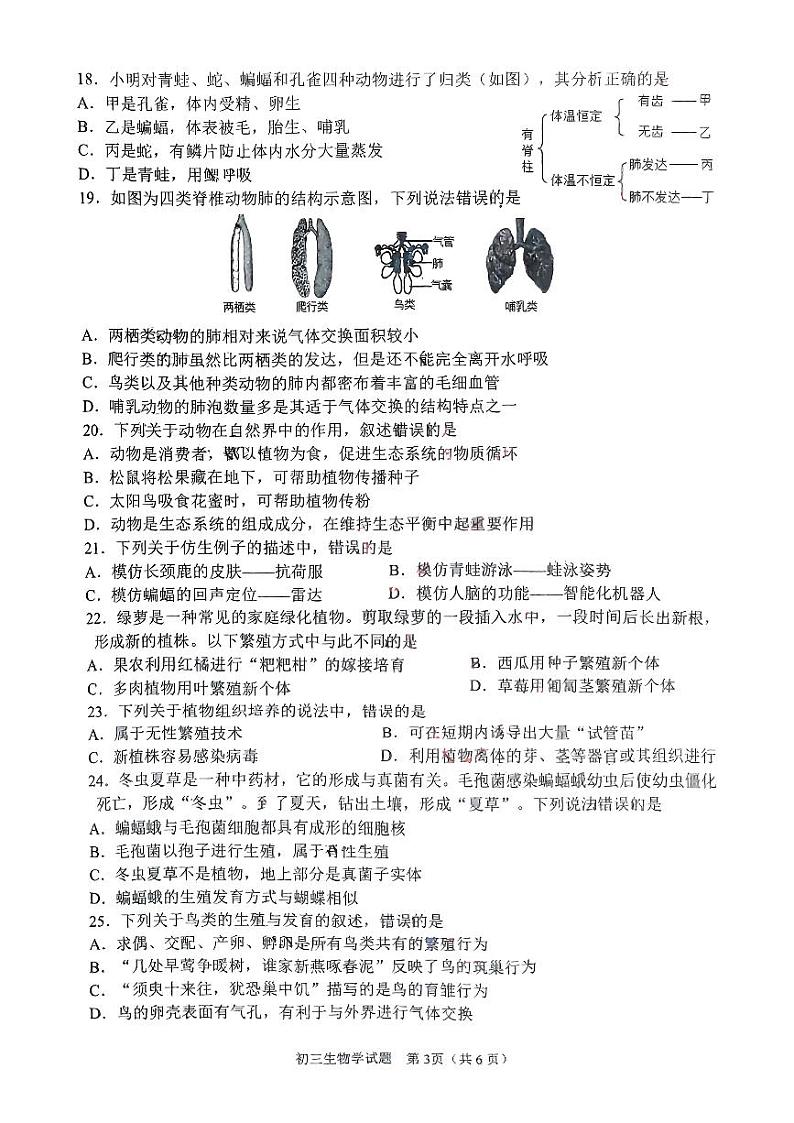 山东省淄博市临淄区2024—2025学年八年级上学期期中质量检测生物试卷03