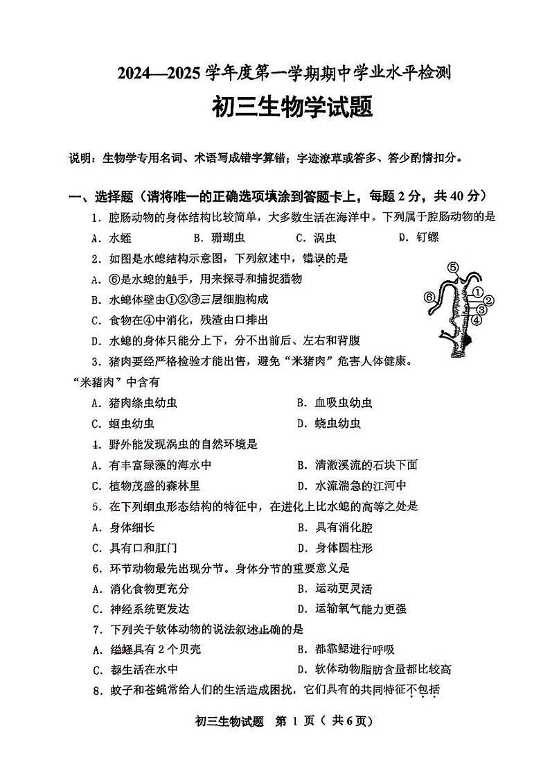山东省淄博市张店区2024-2025学年八年级上学期11月期中考试生物试卷01
