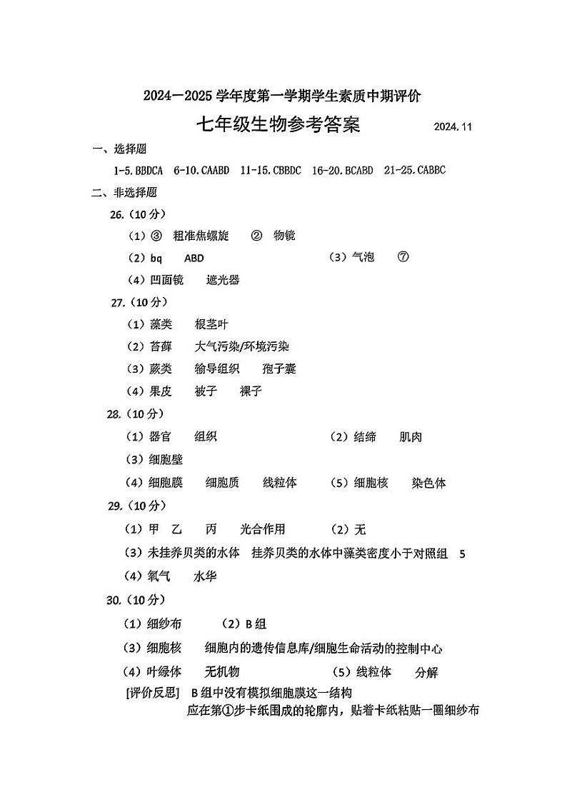 河北省唐山市路北区2024—2025学年上学期七年级11月期中试卷生物答案第1页