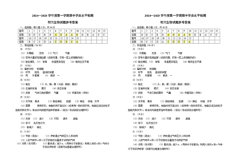山东省烟台市莱州市2024-2025学年八年级上学期期中考试生物试卷01