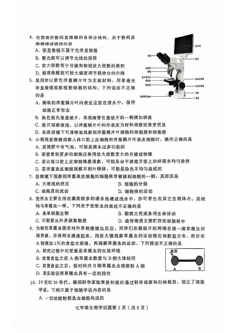 山东省潍坊市诸城市2024-2025学年七年级上学期11月期中考试生物试题02