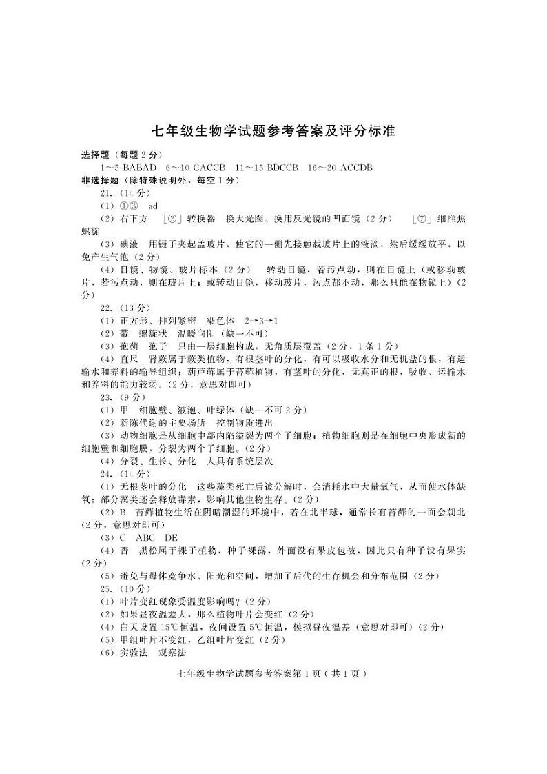 山东省潍坊市诸城市2024-2025学年七年级上学期11月期中考试生物试题01