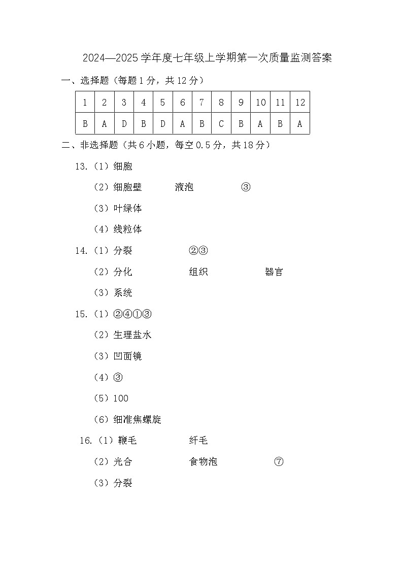辽宁省沈阳市铁西区2024-2025学年七年级上学期11月期中生物试题01