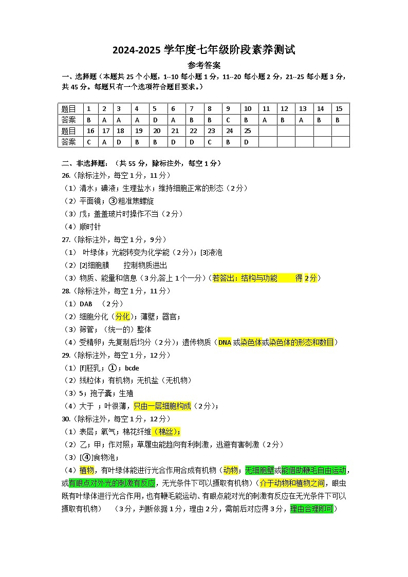 七年级生物期中考试参考答案1101第1页