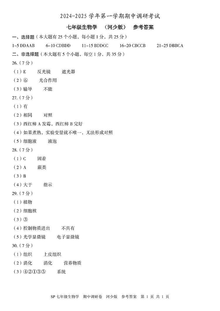 七年级生物学  期中调研卷  河少版  参考答案第1页