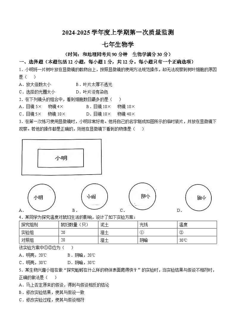 辽宁省沈阳市铁西区2024-2025学年七年级上学期期中生物试题第1页