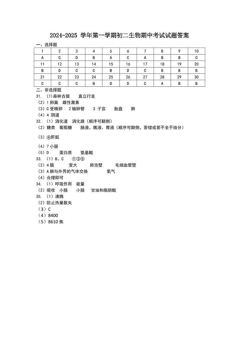 2024-2025 学年第一学期初二生物期中考试试题答案第1页