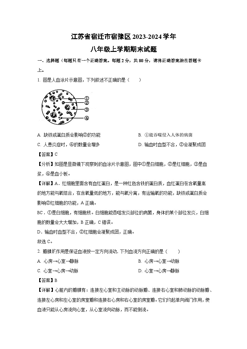 江苏省宿迁市宿豫区2023-2024学年八年级上学期期末生物试卷[解析版]01
