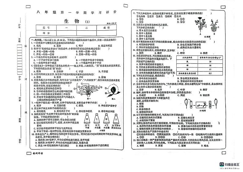 山东省德州市宁津县第四实验中学等两校2024-2025学年八年级上学期联考期中生物试卷01