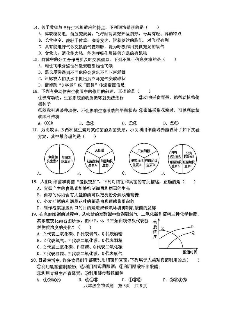 山东省日照港中学2024-2025学年八年级上学期生物期中试题第3页