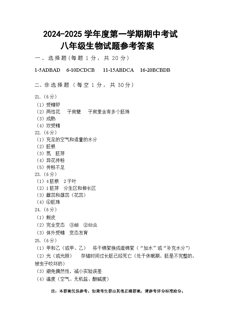 山东省菏泽市单县2024-2025学年八年级上学期11月期中生物试题参考答案第1页