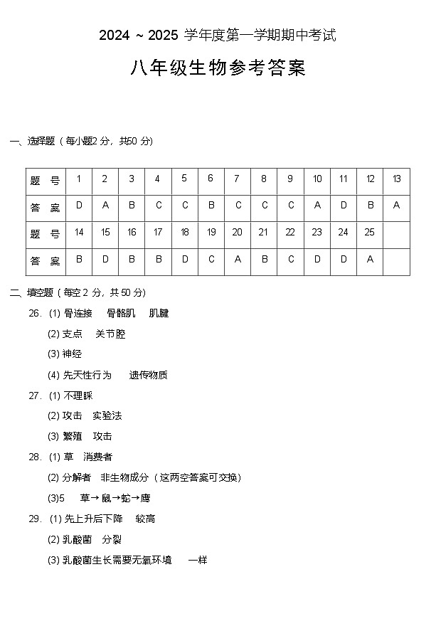 24-25第一学期六中八年级生物期中考试卷答案第1页
