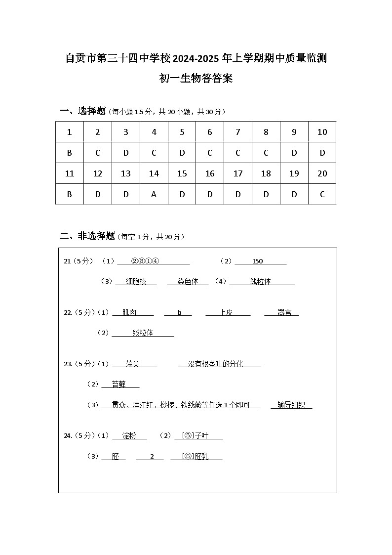 初一生物参考答案第1页