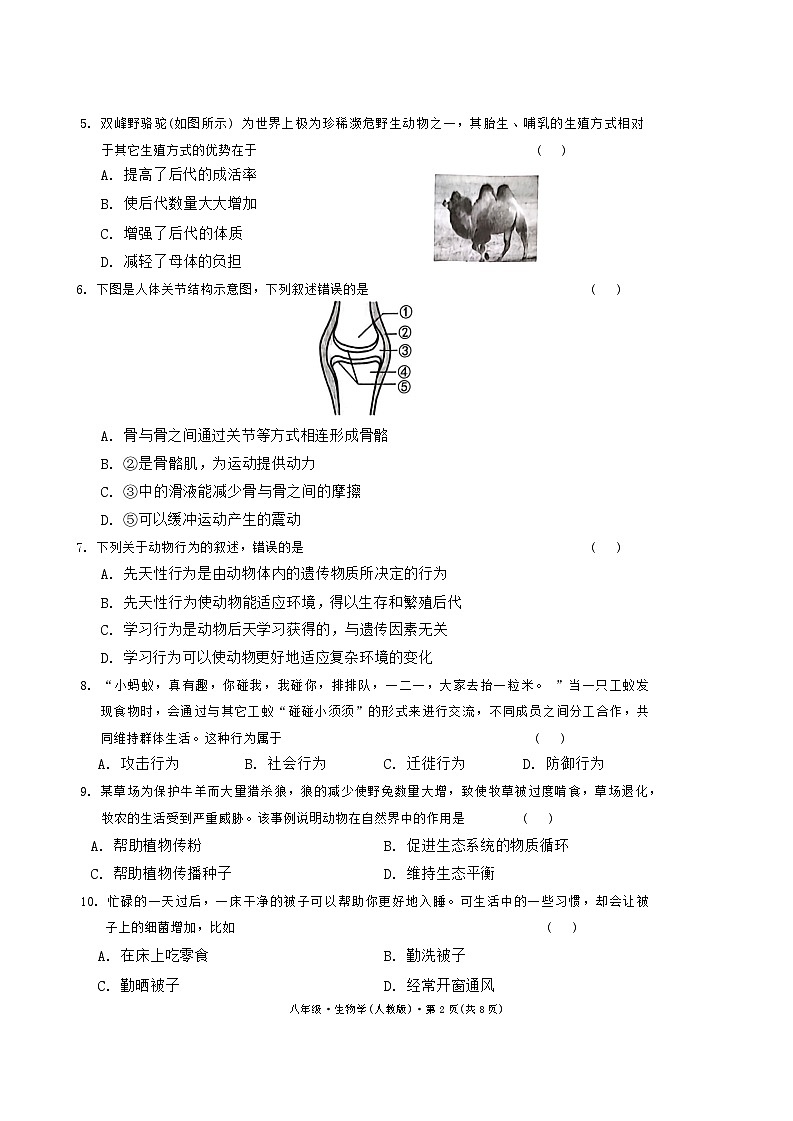 云南省昆明市官渡区第一中学2024-2025学年上学期期中考试八年级生物学试题卷第2页