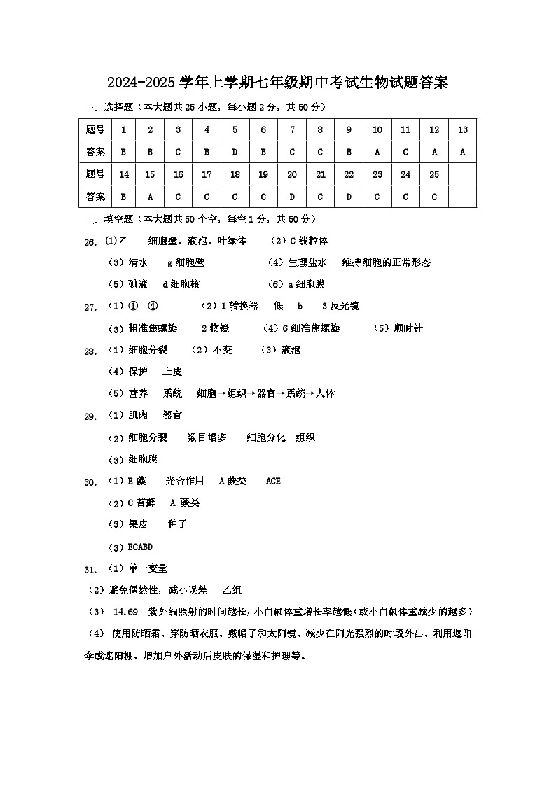 山东省德州市第五中学2024-2025学年七年级上学期期中考试生物试题01