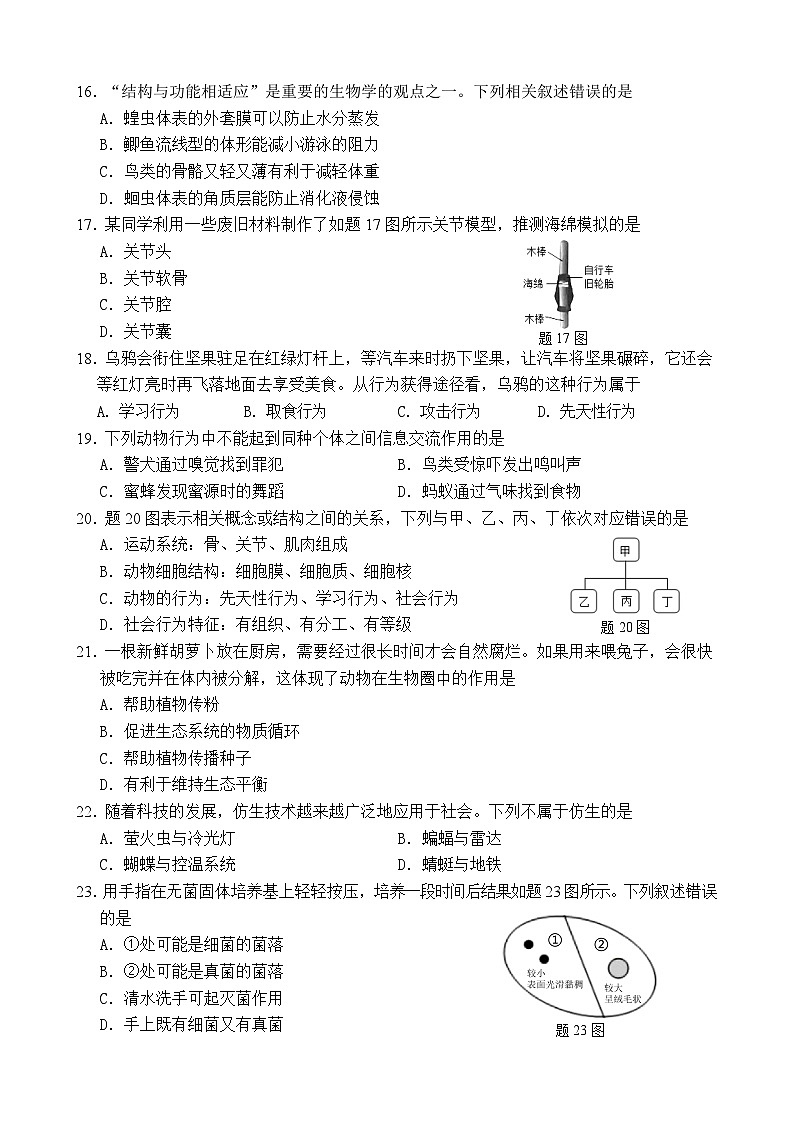 2024--2025潮州第一学期八年级生物学期中质量检测试题第3页
