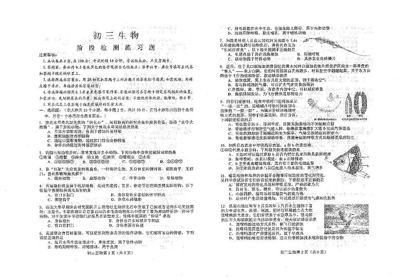 山东省烟台市芝罘区（五四制）2024-2025学年八年级上学期期中考试生物试题第1页