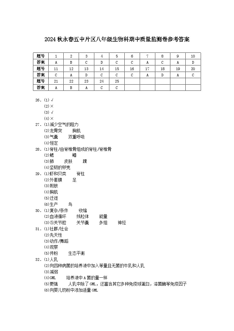 福建省泉州市永春县第五中学2024-2025学年八年级上学期期中考试生物试题01