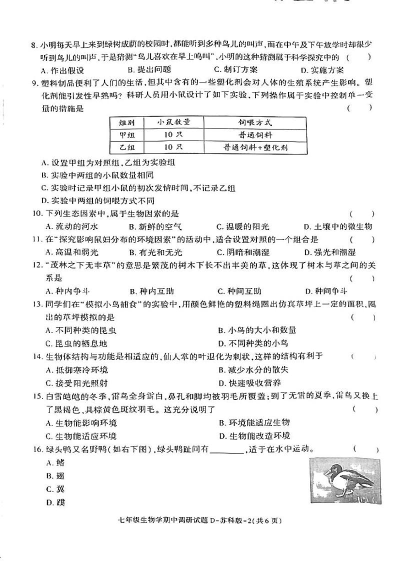 陕西省延安市志丹县2024-2025学年七年级上学期11月期中生物试题02