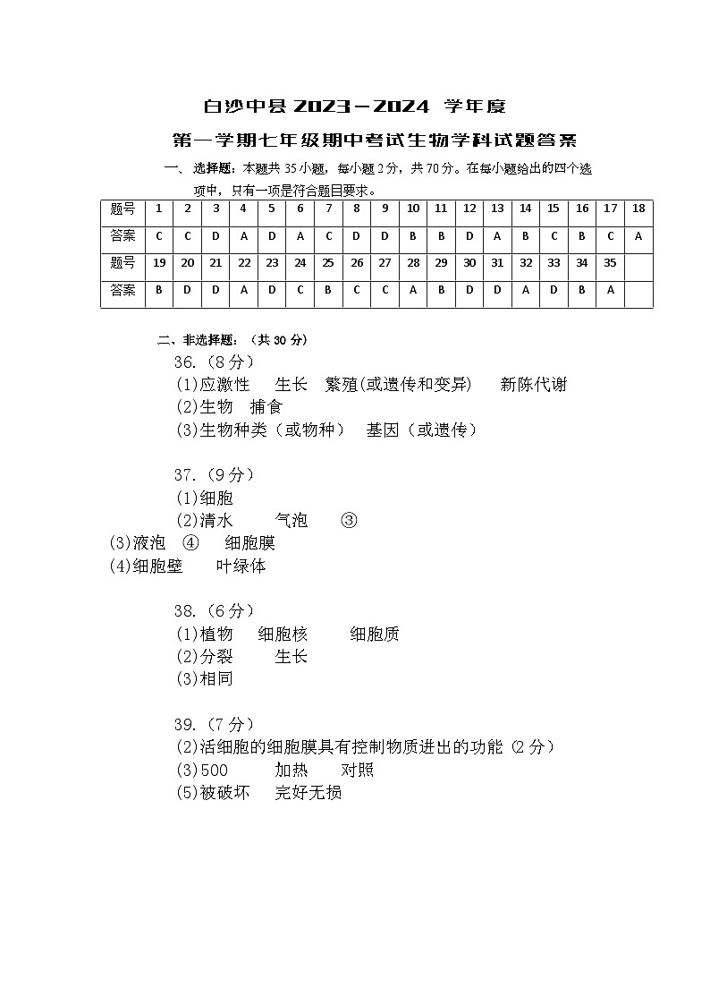 白沙县七年级生物期中试题答案第1页