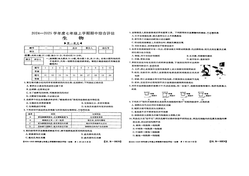 河南省周口市商水县2024-2025学年七年级上学期11月期中生物试题第1页