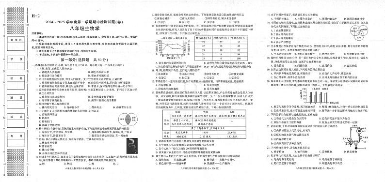 陕西省汉中市2024-2025学年八年级上学期11月期中生物试题第1页