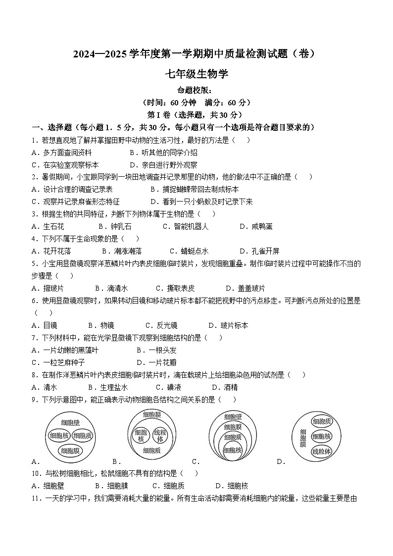 陕西省宝鸡市陈仓区2024-2025学年七年级上学期期中生物试题01